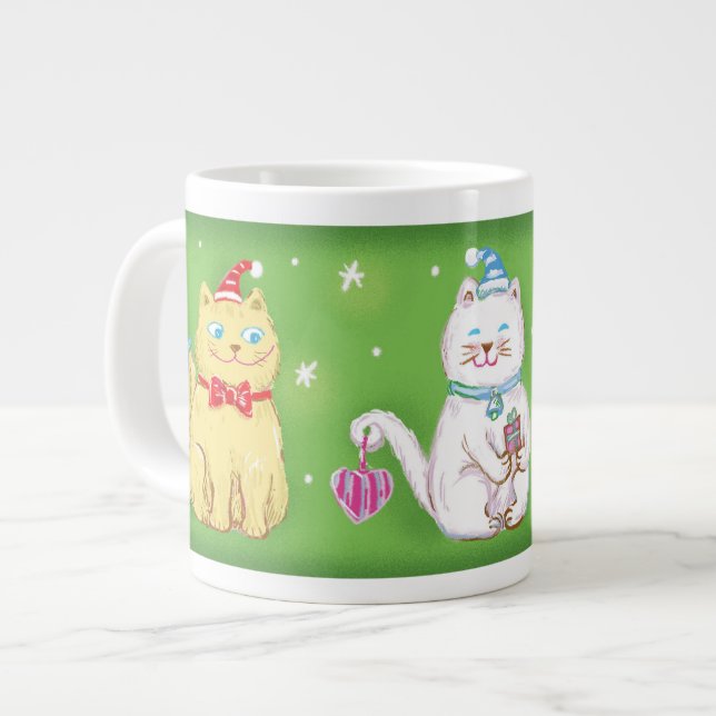 Cute Cartoon Meowy Christmas Cats in Santa Hats Large Coffee Mug (Front Left)