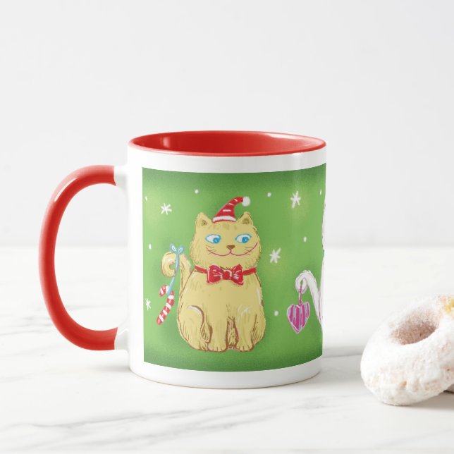 Cute Cartoon Meowy Christmas Cats in Santa Hats Mug (With Donut)