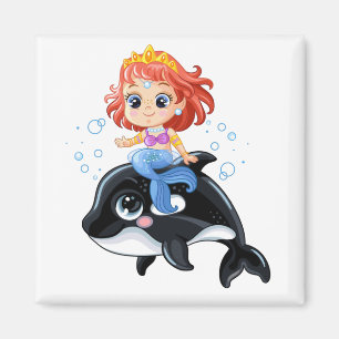 Cute cartoon mermaid and orca magnet
