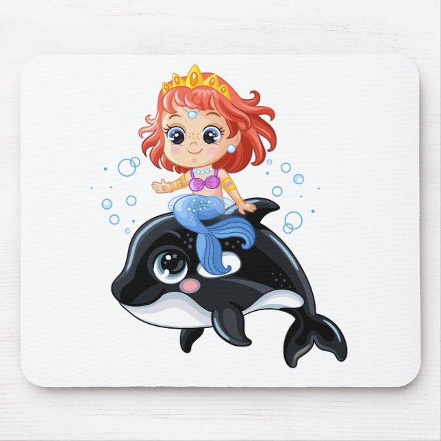 Cute cartoon mermaid and orca mouse mat (Front)
