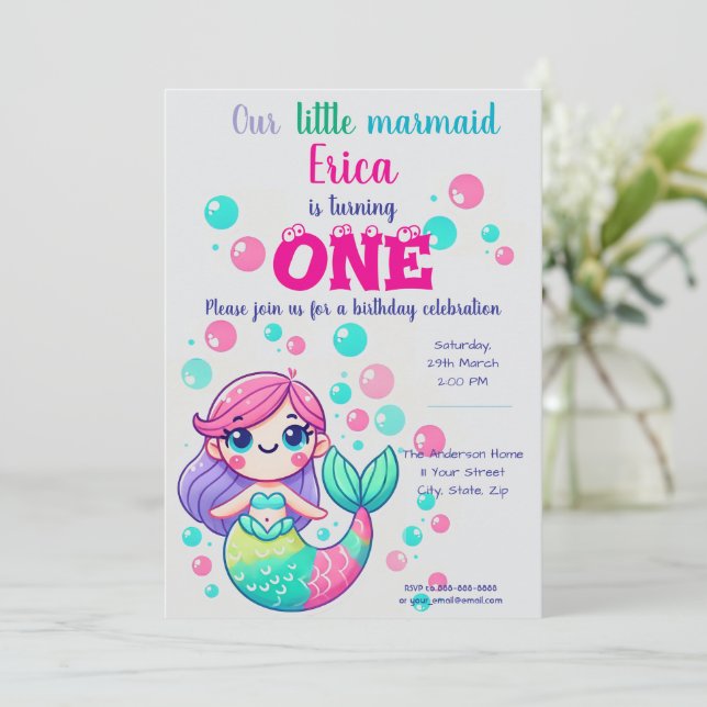Cute Cartoon Mermaid Birthday Invitation|Sea Party Invitation (Standing Front)