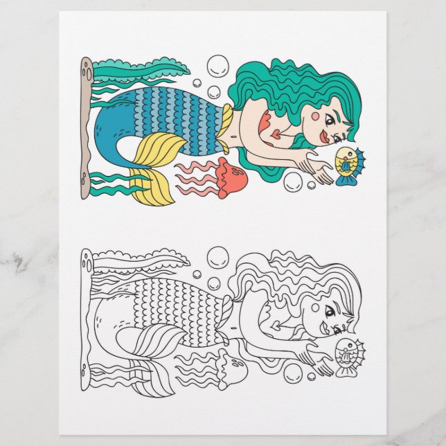 Cute Cartoon mermaid colouring page (Front)