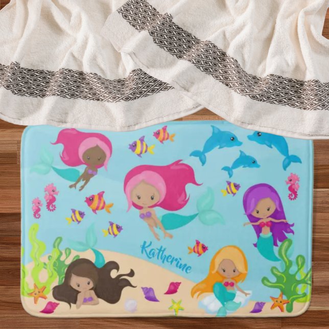 Cute Cartoon Mermaid Little Girl Under the Sea Bath Mat (Creator Uploaded)