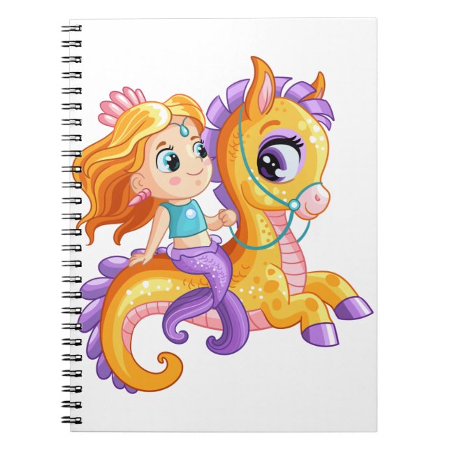 Cute cartoon mermaid on a seahorse notebook (Front)