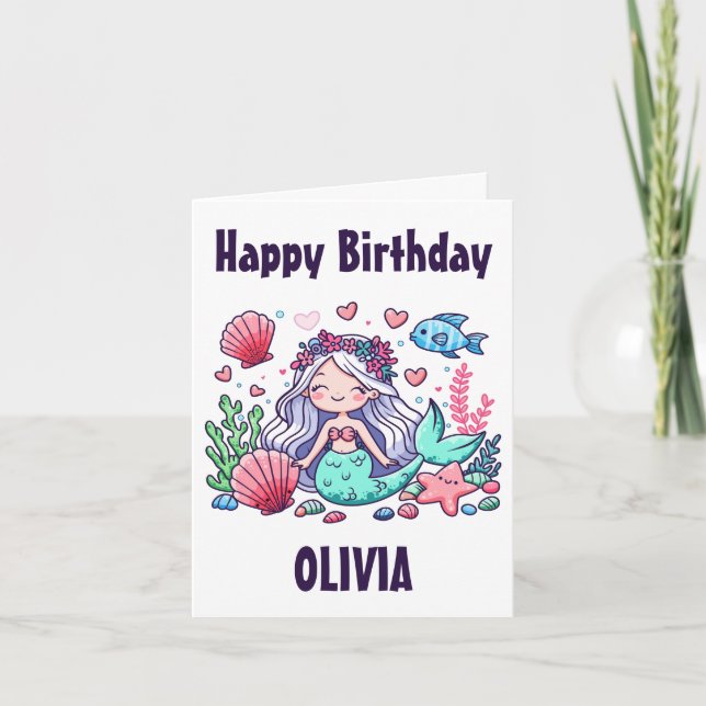 Cute Cartoon Mermaid Personalised Birthday Card (Front)