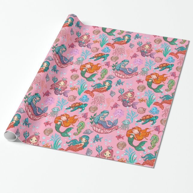 Cute cartoon mermaids on pink background wrapping paper (Unrolled)