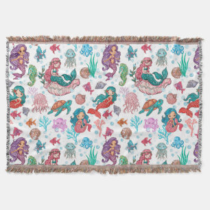 Cute cartoon mermaids on white background throw blanket