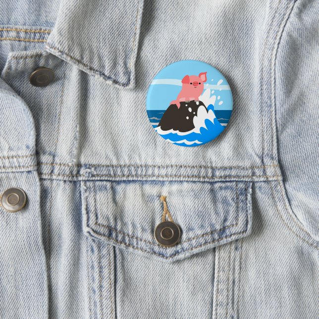 Cute Cartoon Merpig on a Rock Button Badge (In Situ)