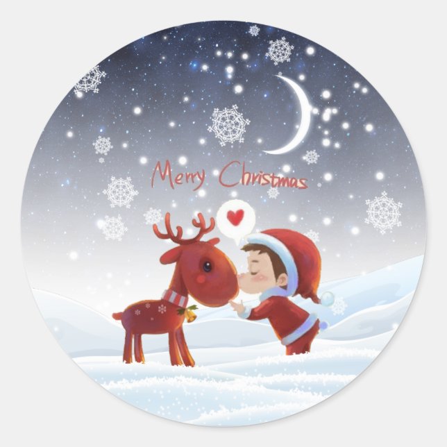 Cute Cartoon Merry Christmas Boy Kissing Reindeer Classic Round Sticker (Front)