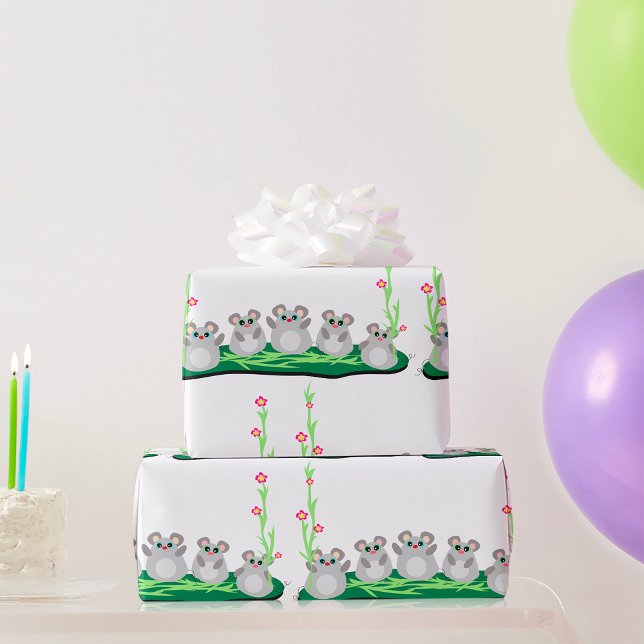 Cute Cartoon Mice on Grass with Flowers  Wrapping Paper (Creator Uploaded)