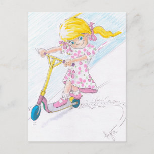 Cute Cartoon Microscooter Girl Micro Scooter Postcard