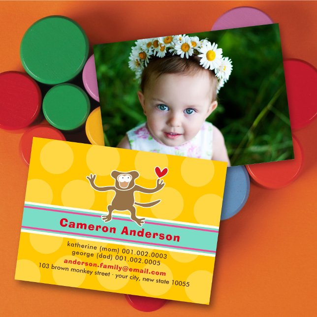 Cute Cartoon Monkey Colourful Kid's Profile Photo Calling Card (Creator Uploaded)
