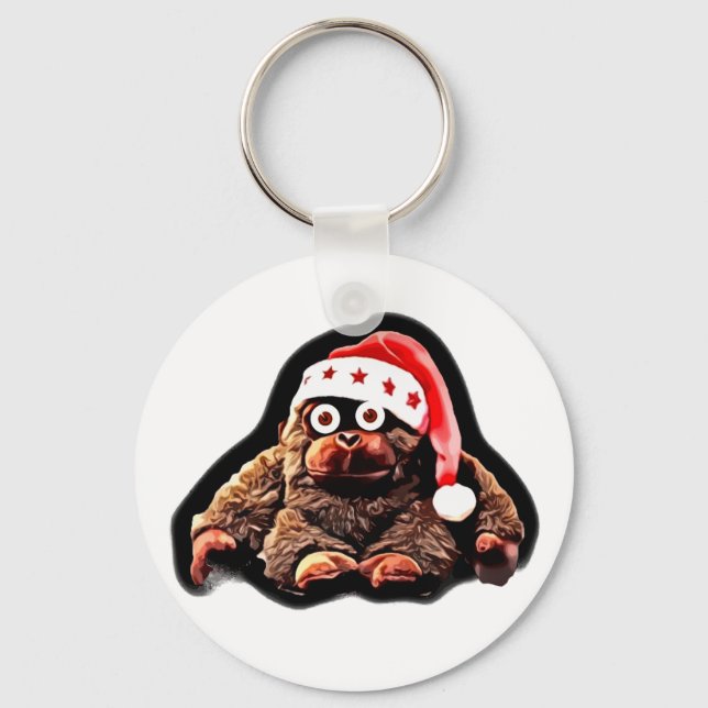 Cute cartoon monkey on santa hat key ring (Front)