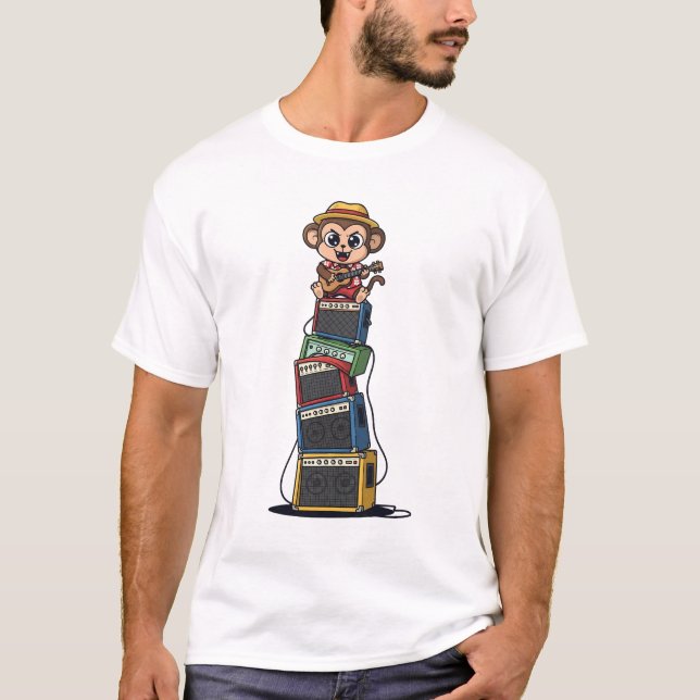 Cute Cartoon Monkey Rocker Playing Ukulele T-Shirt (Front)