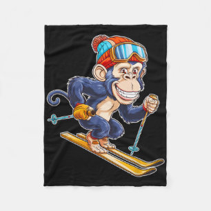 Cute Cartoon Monkey Skiing With Skis Fleece Blanket