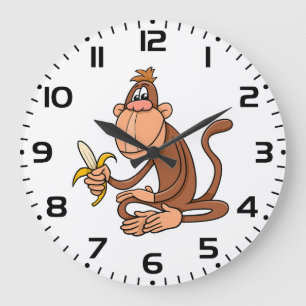 Cute Cartoon Monkey with Banana Funny Animal Large Clock