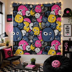 Cute Cartoon Monster Faces for Teen Bedroom Tapestry