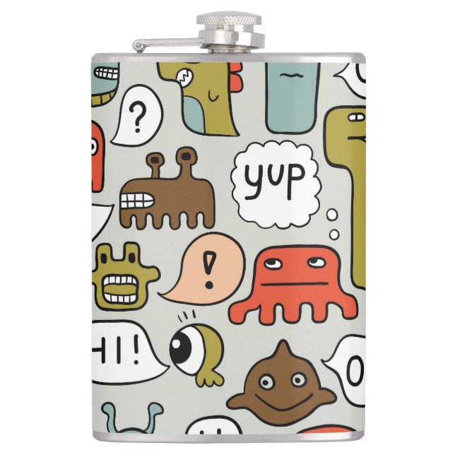Cute Cartoon Monsters: Seamless Background Hip Flask (Front)