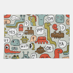 Cute Cartoon Monsters: Seamless Background Tea Towel