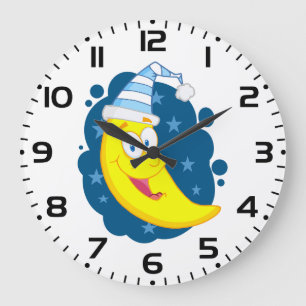 Cute Cartoon Moon Banana in Nightcap Large Clock