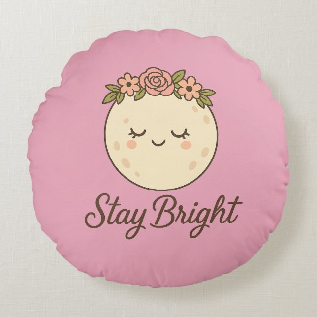 Cute Cartoon Moon with Flower Crown Sticker  Round Cushion (Front)