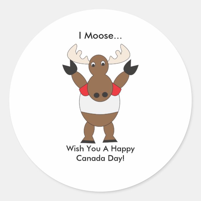 Cute Cartoon Moose Canada Day Funny Classic Round Sticker (Front)