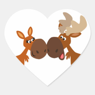 Cute Cartoon Moose Couple in Love Heart Sticker
