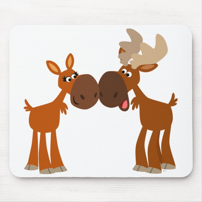 Cute Cartoon Moose Couple in Love Mousepad (Front)