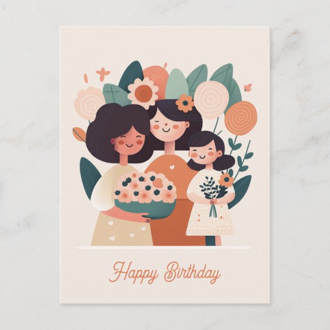 Cute cartoon mother daughter girls. Happy Birthday Postcard (Front)
