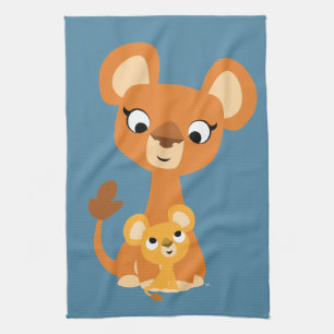 Cute Cartoon Mother Lioness and Cub Tea Towel
