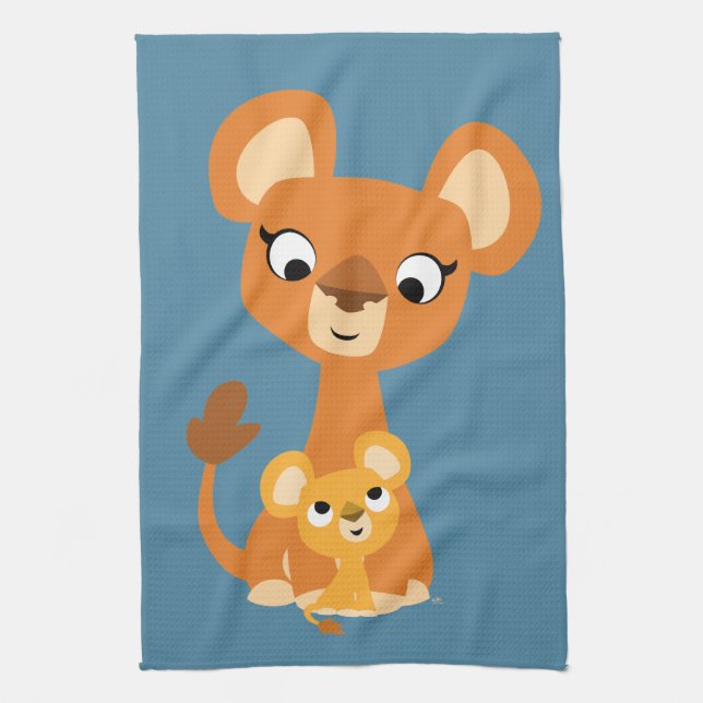 Cute Cartoon Mother Lioness and Cub Tea Towel (Vertical)