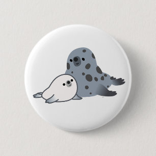 Cute Cartoon Mother Seal And Pup Button Badge
