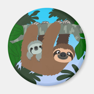 Cute Cartoon Mother Sloth And Baby Magnet