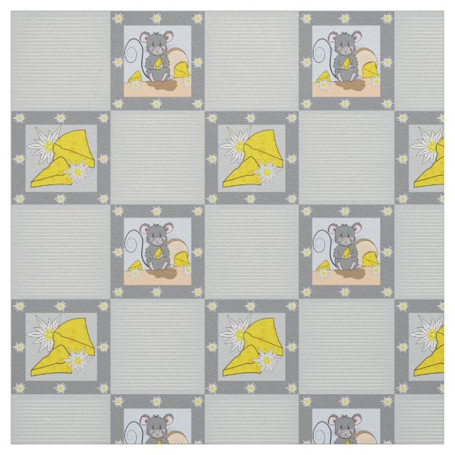 Cute Cartoon Mouse and Swiss Cheese Pattern Fabric (Swatch)