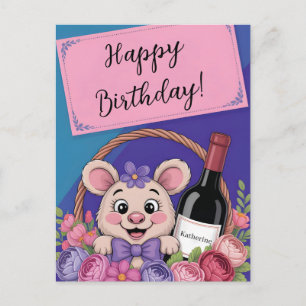 Cute Cartoon Mouse in Floral Gift Basket with Wine Postcard