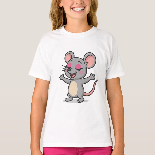 Cute Cartoon Mouse Putting on Makeup T-Shirt (Front)