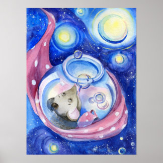 Cute Cartoon Mouse Watercolor Poster