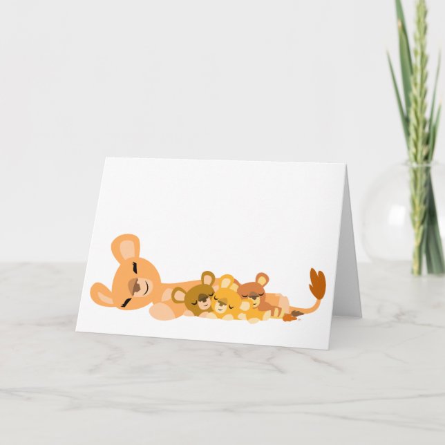Cute Cartoon Mum Lion and Cubs greeting card (Front)
