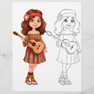 Cute Cartoon music girl colouring page