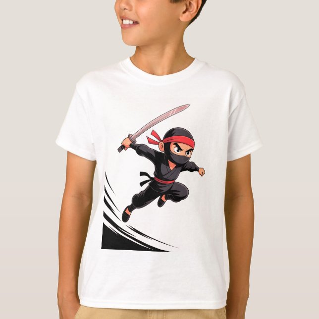 Cute Cartoon Ninja Boy with Sword – Action Pose T-Shirt (Front)