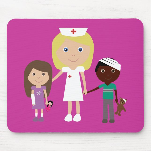 Cute Cartoon Nurse & Children Customisable Pink Mouse Mat (Front)