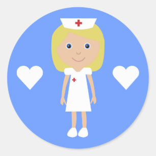 Cute Cartoon Nurse & Hearts Customisable Blue Classic Round Sticker