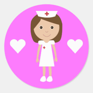 Cute Cartoon Nurse & Hearts Customisable Pink Classic Round Sticker