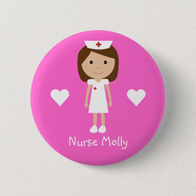 Cute Cartoon Nurse & Hearts Personalised Pink 6 Cm Round Badge (Front)