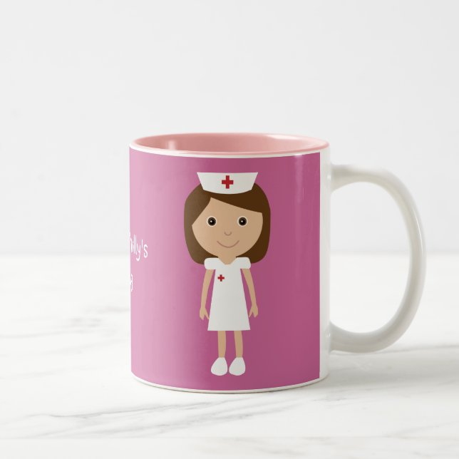 Cute Cartoon Nurse Personalised Pink Two-Tone Coffee Mug (Right)