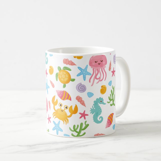 Cute Cartoon Ocean Sea Seashell, Starfish Summer Coffee Mug (Front Right)