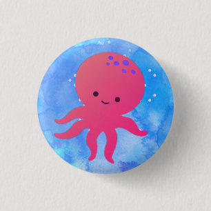 Cute Cartoon Octopus In Blue Ocean Watercolor 3 Cm Round Badge