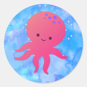Cute Cartoon Octopus In Blue Ocean Watercolor Classic Round Sticker