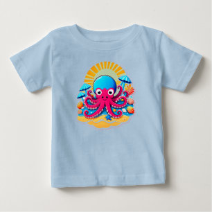 Cute Cartoon Octopus On Sunny Beach With Shells Baby T-Shirt