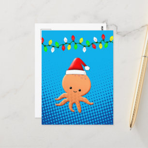 Cute Cartoon Octopus Santa Hat Christmas Lights Postcard